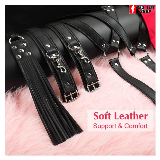 Sex Bondage BDSM Kit Neck to Wrist Behind Back Handcuffs Collar Blindfold Whip Soft Leather Bondage Gear Accessories